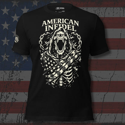 Black t-shirt with 'American Infidel' graphic design on a flag background
