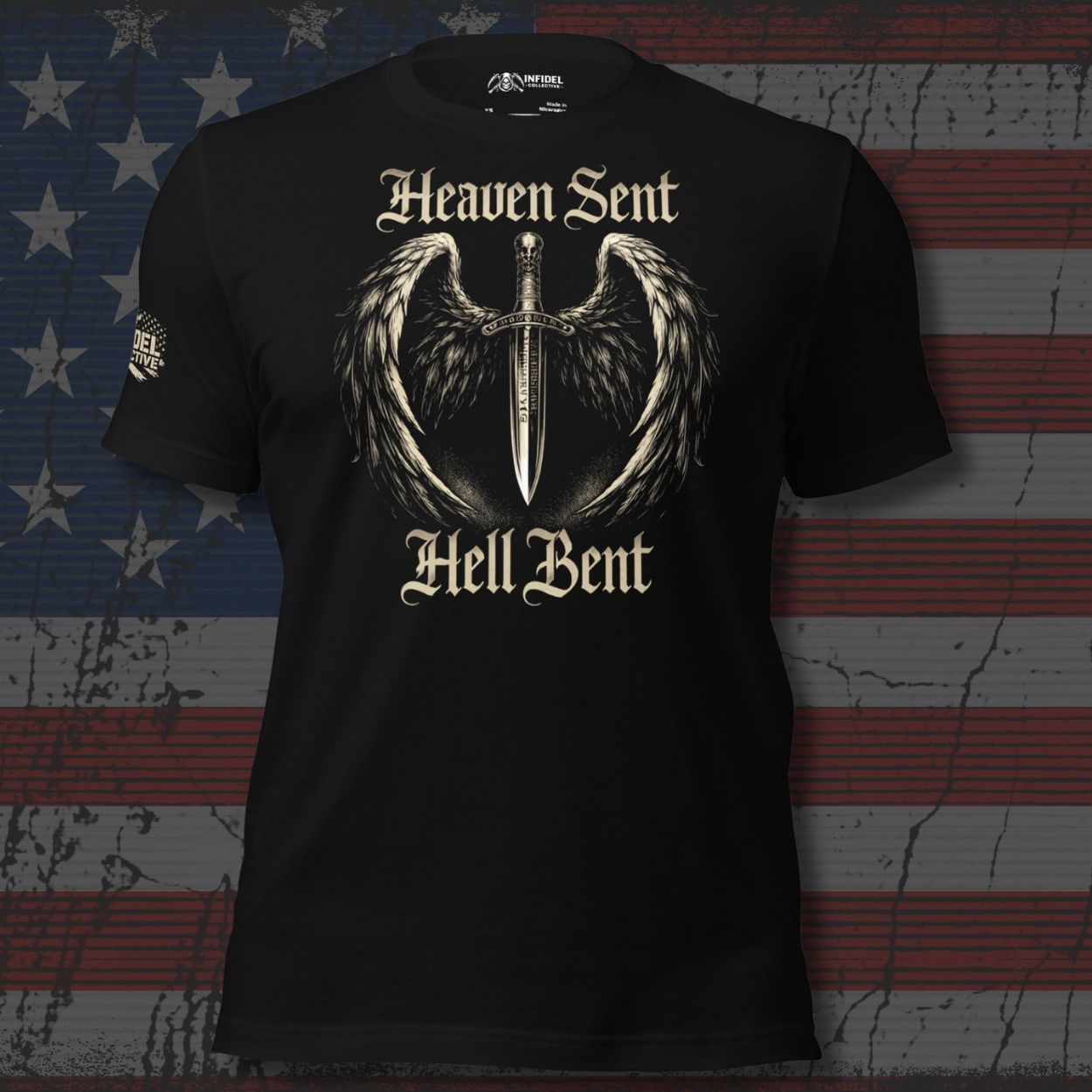 Black t-shirt with 'Heaven Sent, Hell Bent' design on an American flag background
