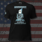 Black t-shirt with a graphic design and text on an American flag background