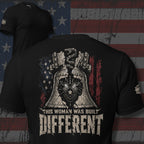 Built Different women liberty bell and rattlesnake graphic black tee from Infidel Collective