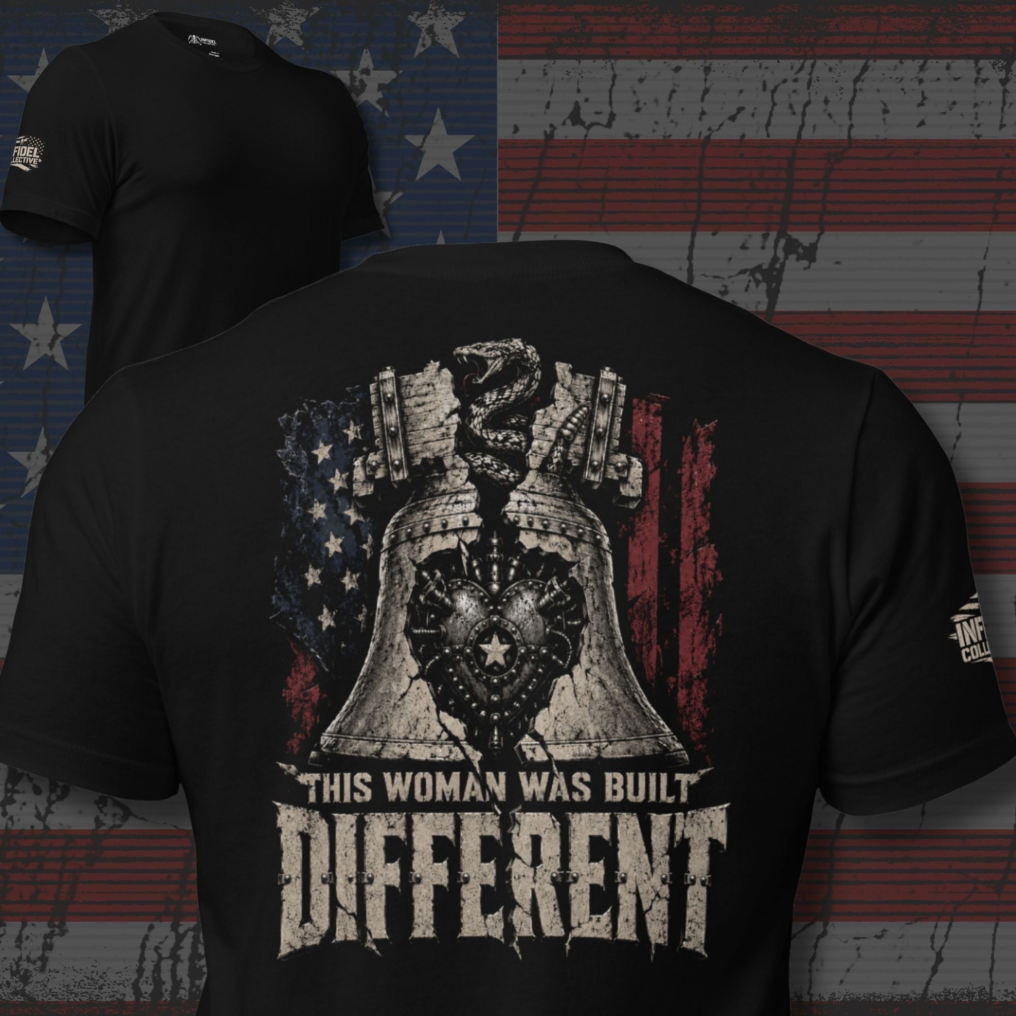 Built Different women liberty bell and rattlesnake graphic black tee from Infidel Collective
