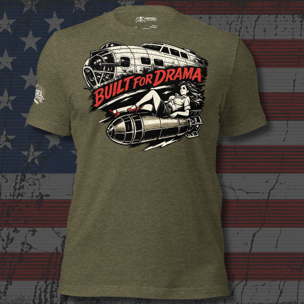 Olive drab t-shirt featuring vintage bomber aircraft artwork, a pinup riding a falling bomb, and Built for Drama text