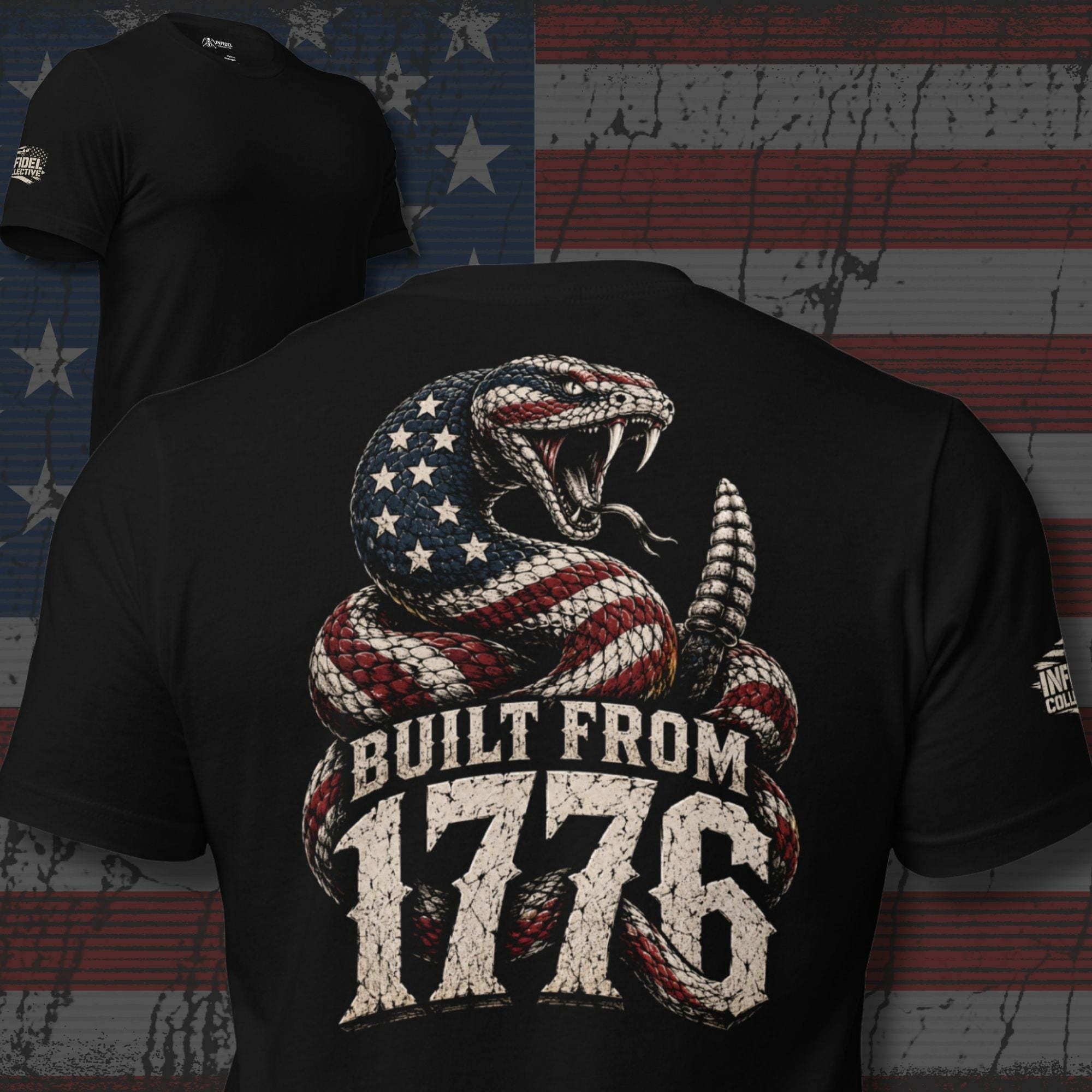 Built from 1776 American flag rattlesnake back print black tee from Infidel Collective