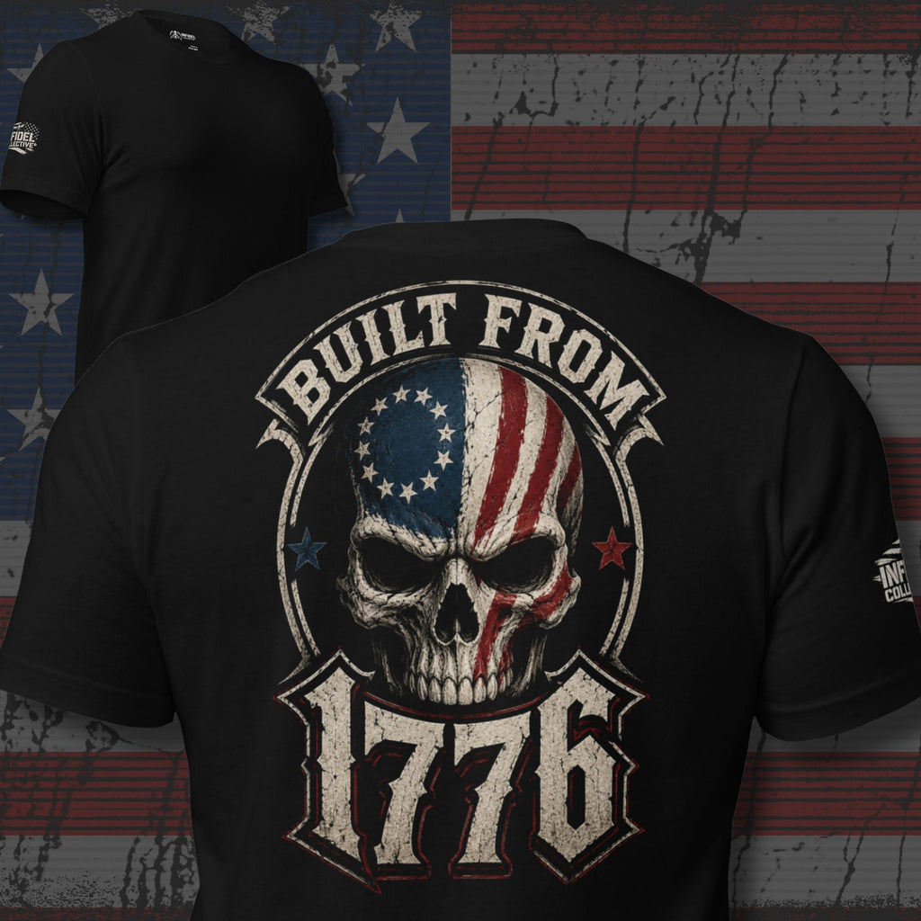 Black t-shirt with skull and American flag design on a distressed American flag background