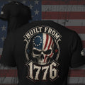 Built from 1776 skull with American flag face design back print black tee from Infidel Collective
