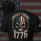 Black t-shirt with skull and American flag design on a distressed American flag background