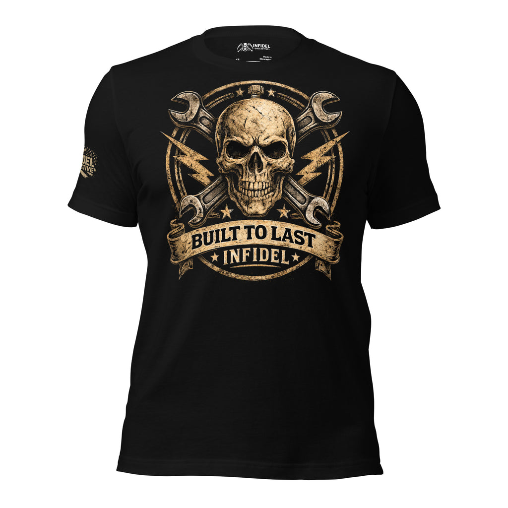 Black t-shirt with 'BUILT TO LAST' text on a white background