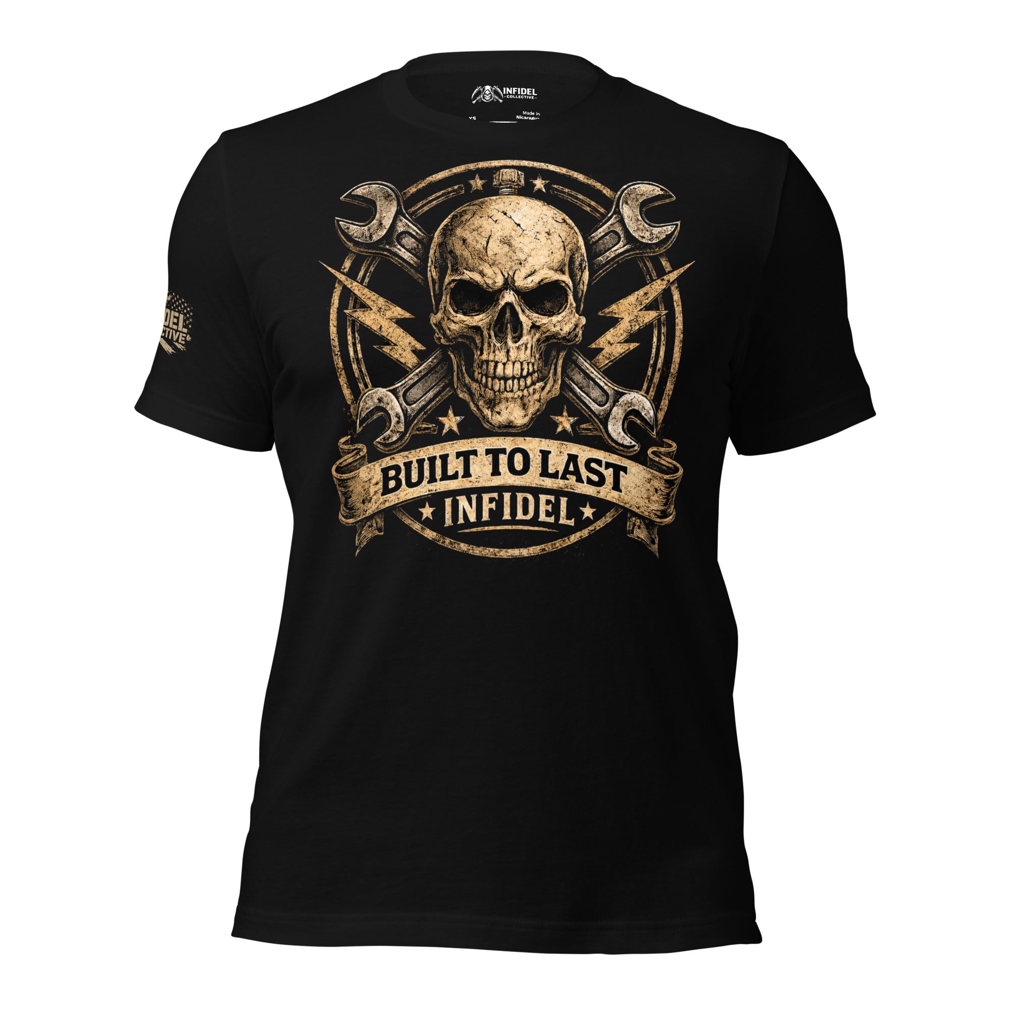 Black t-shirt with 'BUILT TO LAST' text on a white background