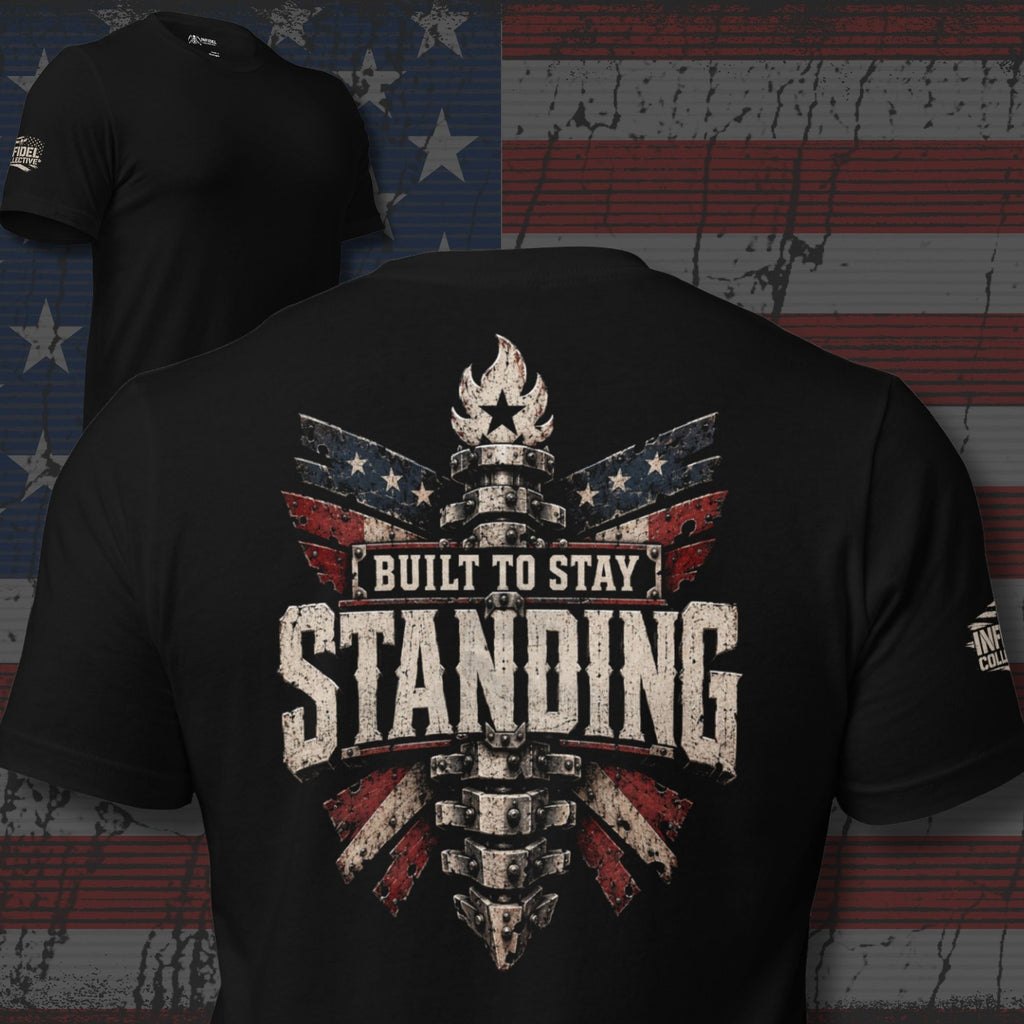 Built to Stay Standing women steel spine graphic black tee from Infidel Collective