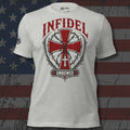 red Infidel cross with Unbowed banner and wire detail front print white heather tee from Infidel Collective