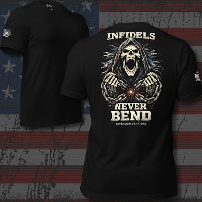 Black t-shirt with a graphic design and text on the back, displayed against an American flag background.