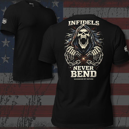 Black t-shirt with a graphic design and text on the back, displayed against an American flag background.