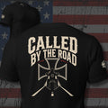 Called by the Road motorcycle silhouette inside an iron cross design back print black tee from Infidel Collective