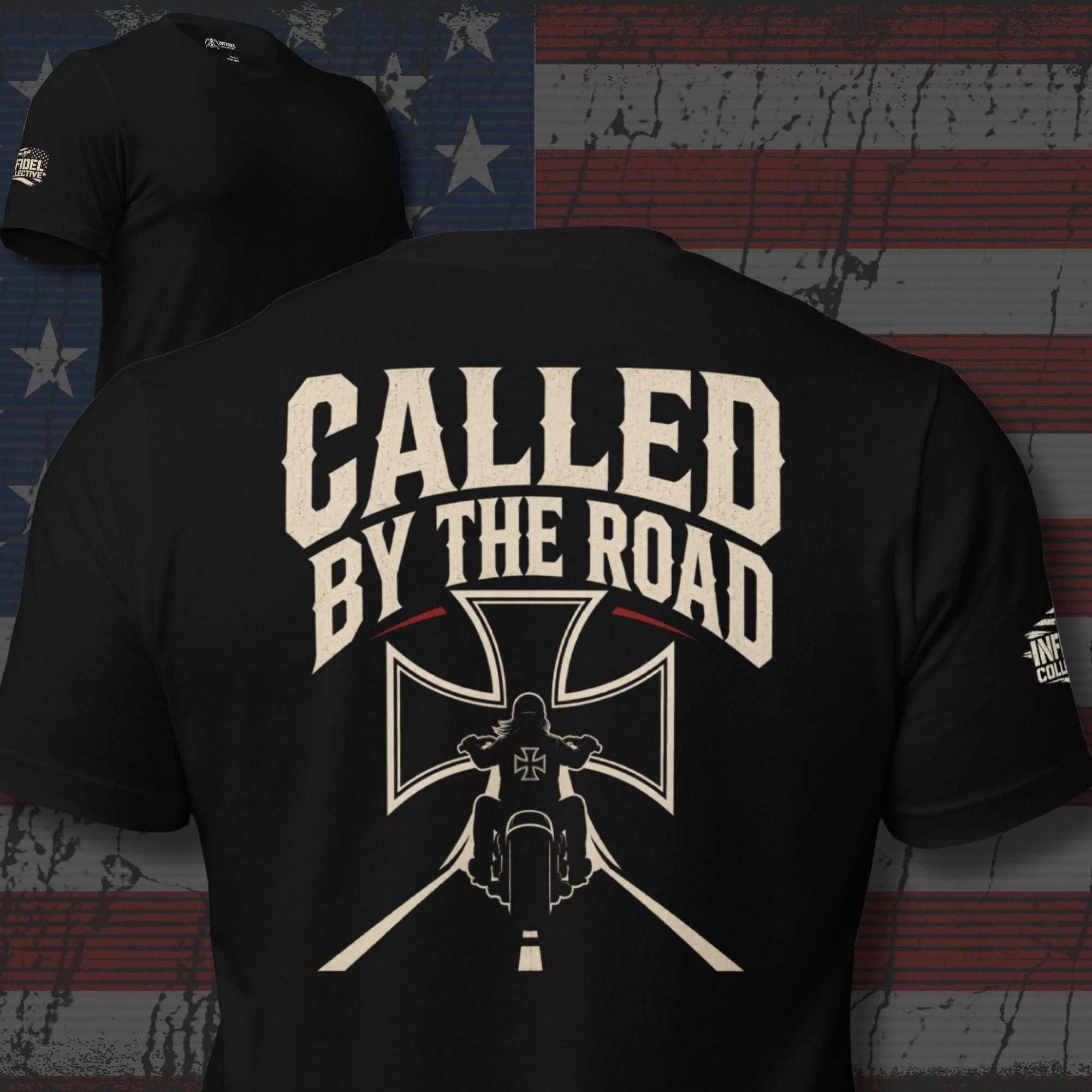 Called by the Road iron cross back print black tee from Infidel Collective