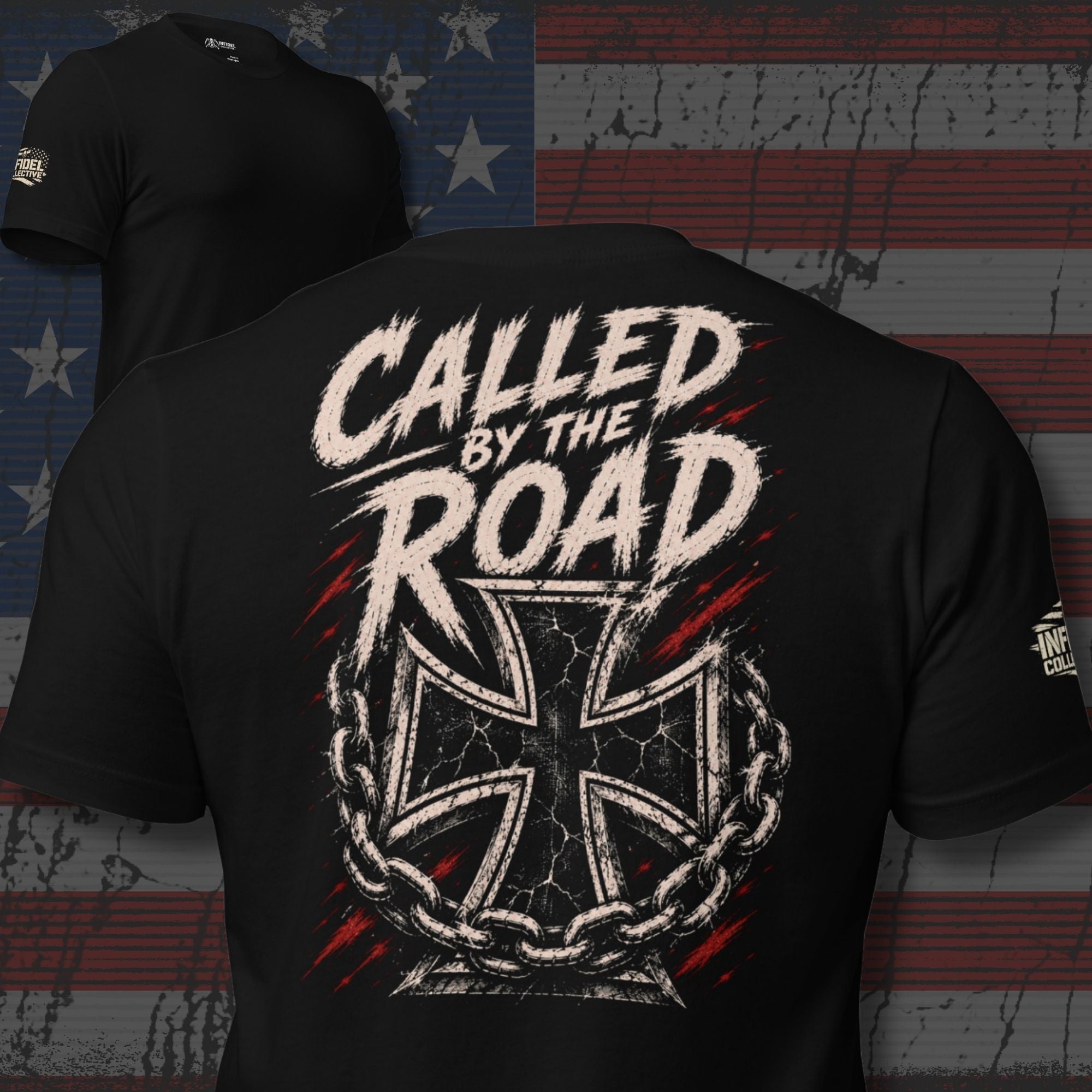 Called by the Road iron cross back print black tee from Infidel Collective