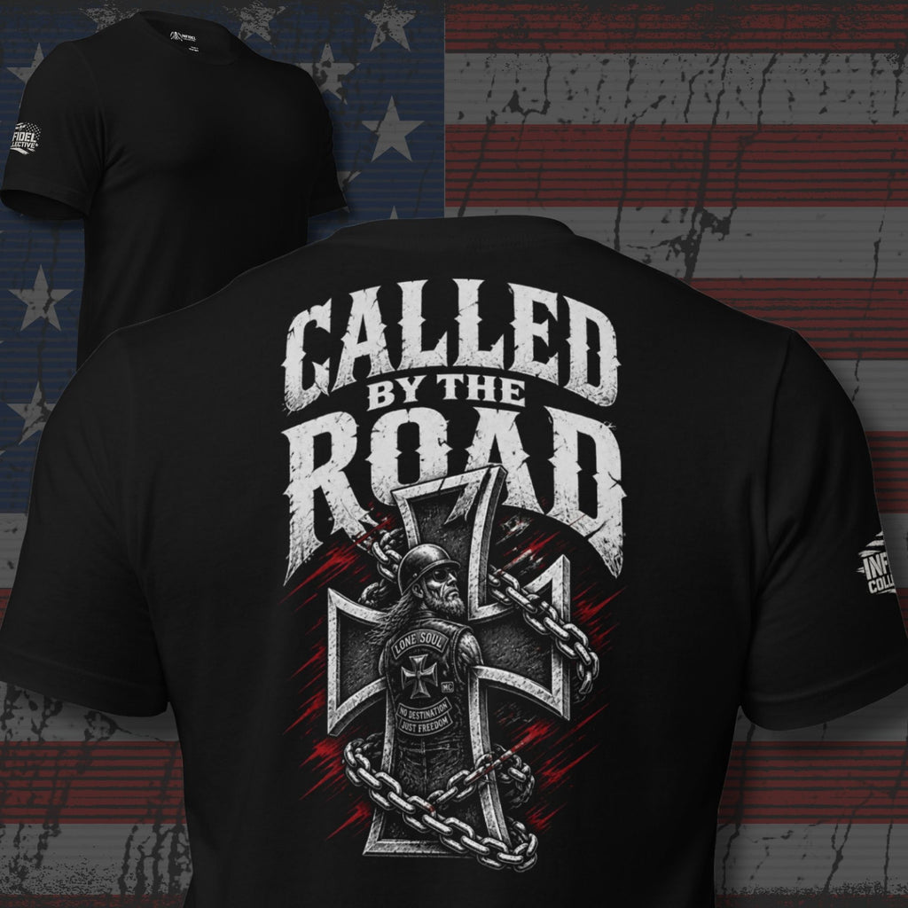 Called by the Road iron cross motorcycle back print black tee from Infidel Collective