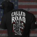 Called by the Road armored knight inside a chained iron cross design back print black tee from Infidel Collective