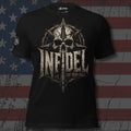 Infidel The Road Calls skull inside a four-direction road compass design front print black tee from Infidel Collective