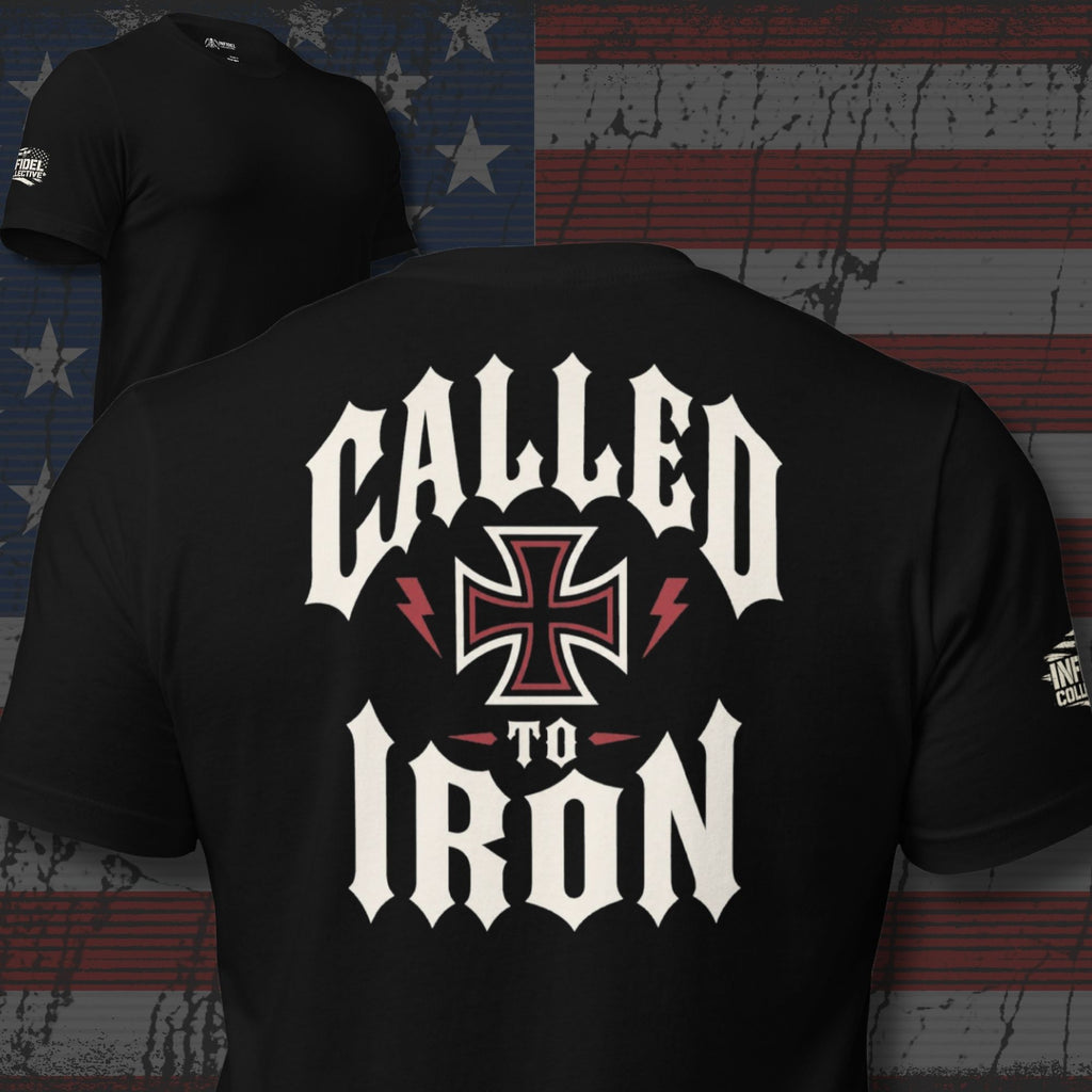Called to Iron iron cross back print black tee from Infidel Collective