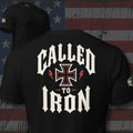 Called to Iron iron cross and lightning lettering design back print black tee from Infidel Collective