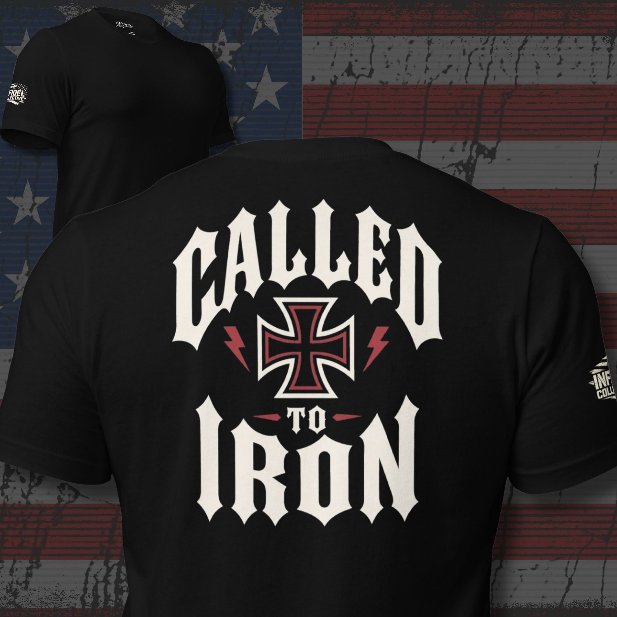 Called to Iron iron cross back print black tee from Infidel Collective