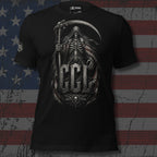 Black t-shirt with a skeleton design and 'CCL' logo against an American flag background