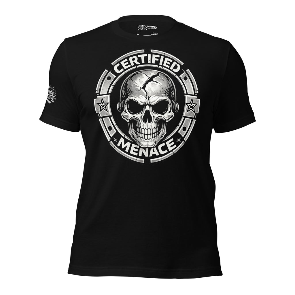 Black t-shirt with 'certified menace' graphic on a white background