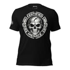 Black t-shirt with 'certified menace' graphic on a white background