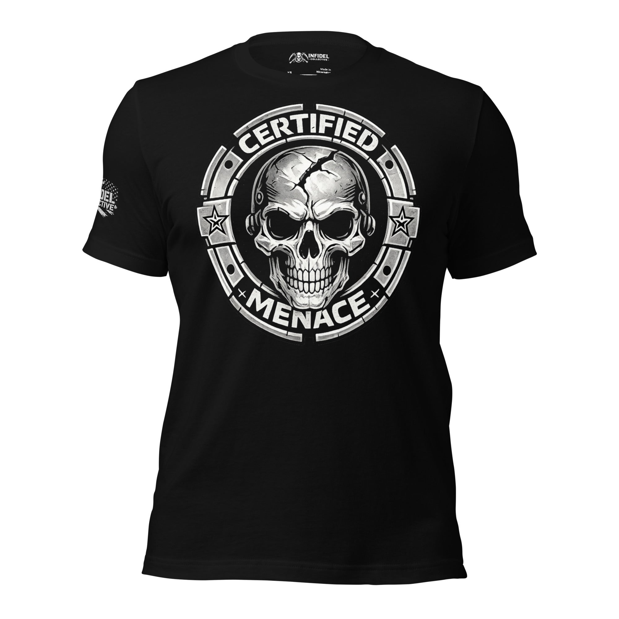 Black t-shirt with 'certified menace' graphic on a white background