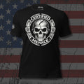 Certified Menace skull inside a round industrial badge design front print black tee from Infidel Collective
