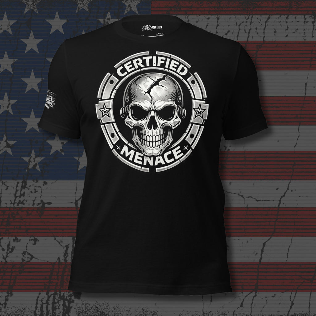 Black t-shirt with skull design and 'Certified Menace' text on an American flag background