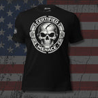 Black t-shirt with skull design and 'Certified Menace' text on an American flag background