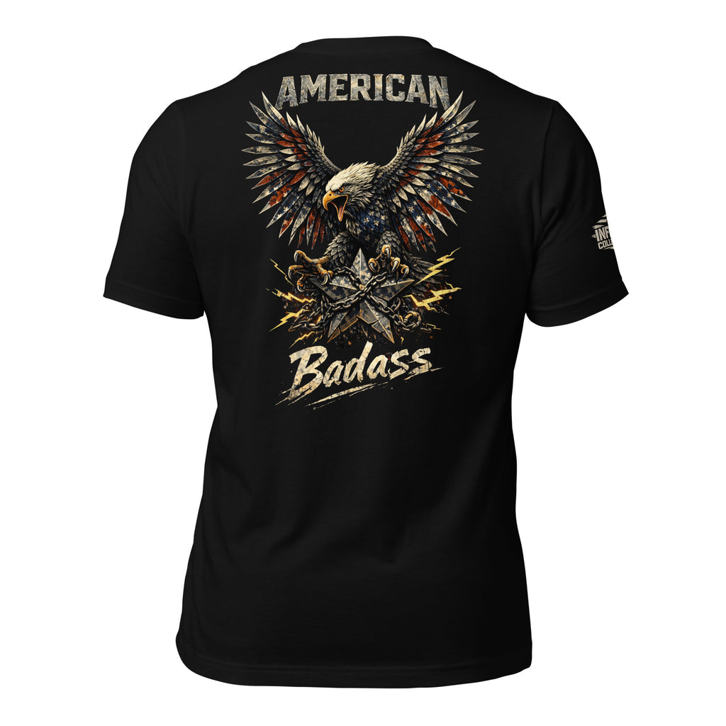 Black t-shirt with logos on the back and sleeve against a white background with text that says 'American Badass'