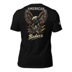 Black t-shirt with logos on the back and sleeve against a white background with text that says 'American Badass'