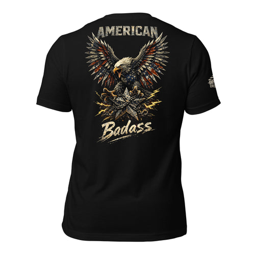 Back view of black tee featuring bald eagle over a charged military star with American Badass text