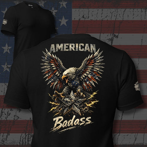 bald eagle over a charged military star with American Badass text back print black tee from Infidel Collective