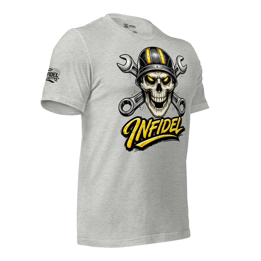 Gray t-shirt with skull and crossbones design featuring the word 'Infidel' on a white background