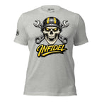 Gray t-shirt with skull graphic and 'Infidel' text on a white background