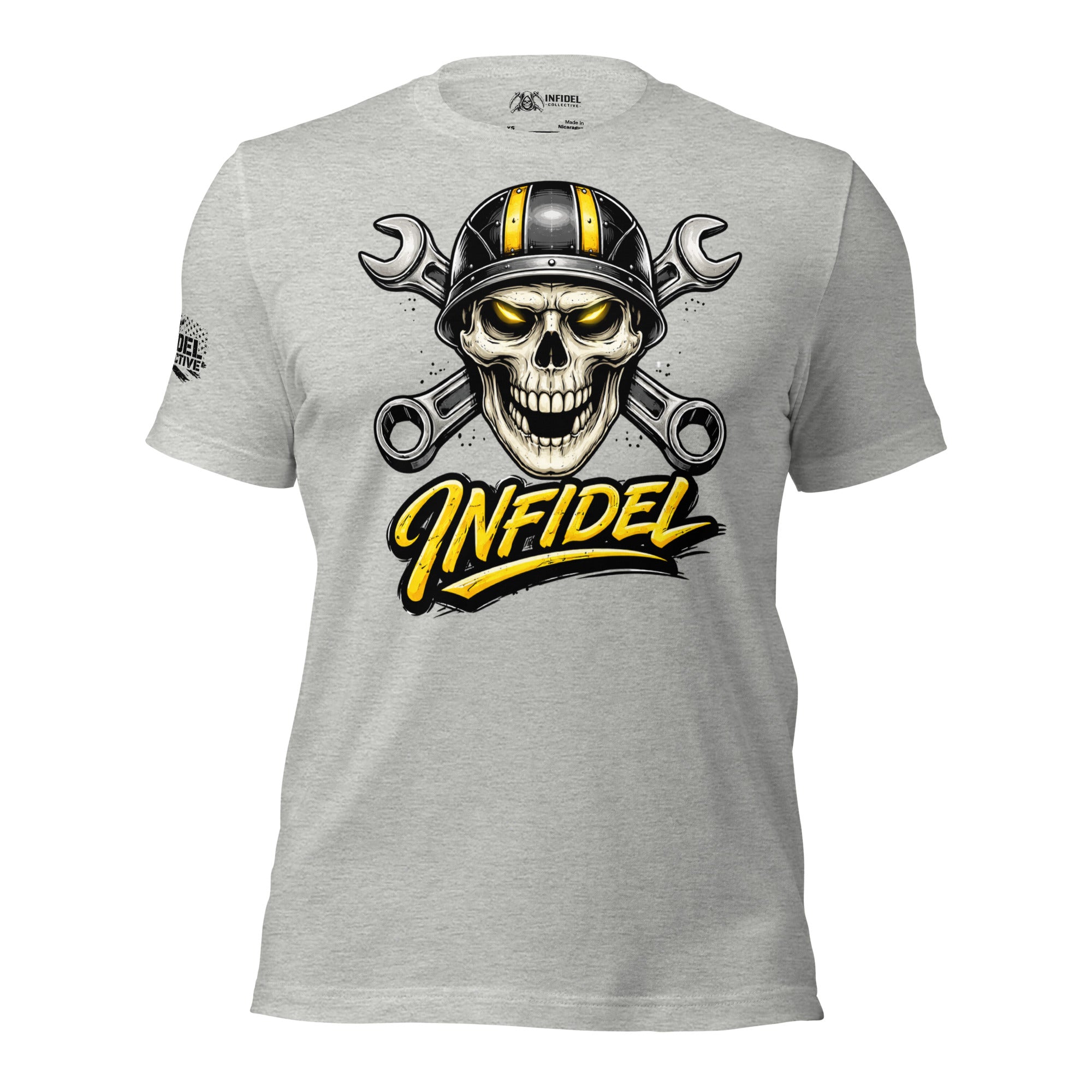 Gray t-shirt with skull graphic and 'Infidel' text on a white background