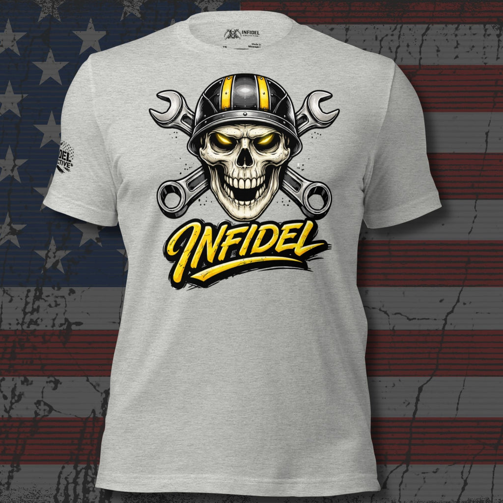 Gray t-shirt with skull graphic and 'Infidel' text on a distressed American flag background
