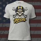 Gray t-shirt with skull graphic and 'Infidel' text on a distressed American flag background