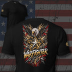 Black t-shirt with 'Warfighter' design featuring an eagle on a flag background