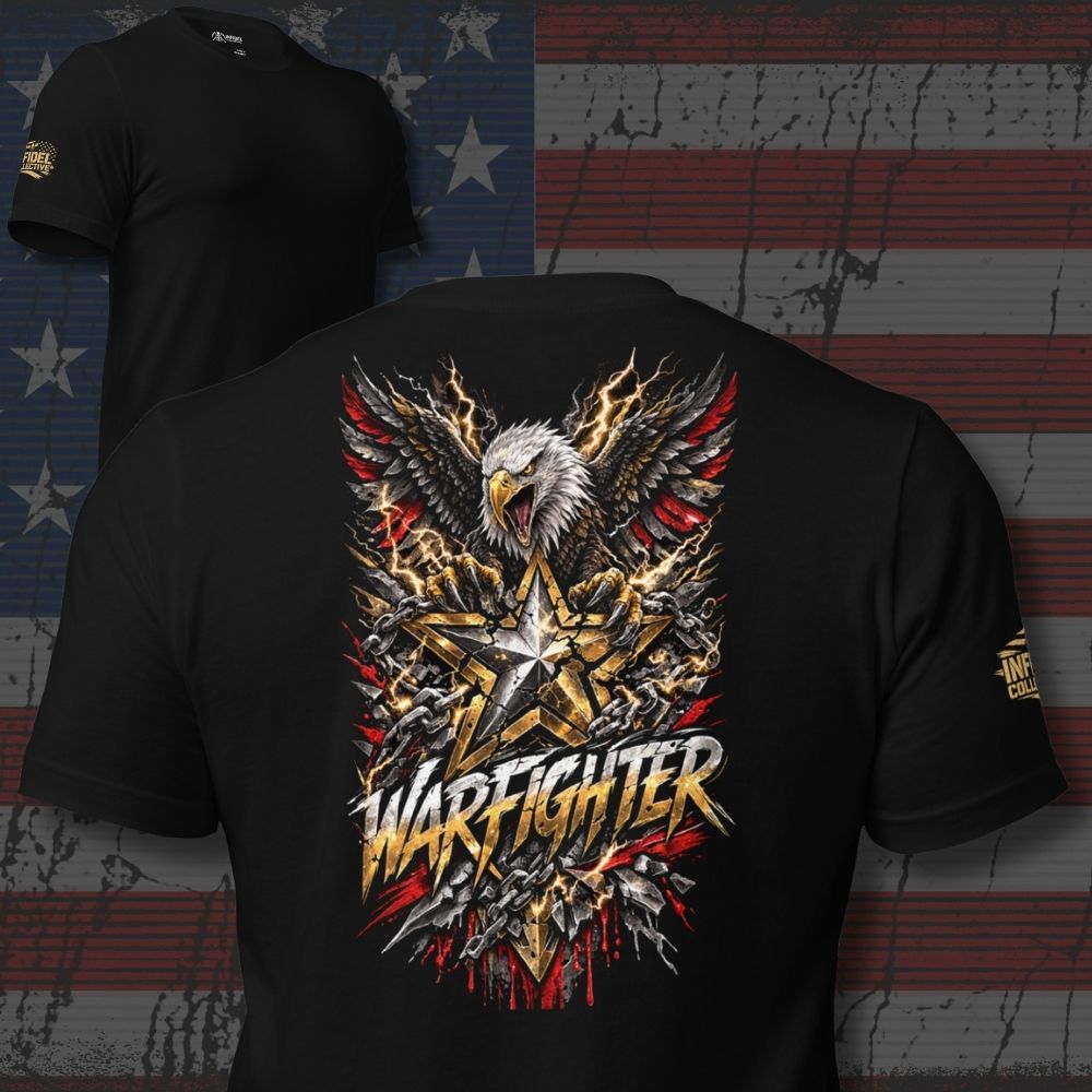 Black t-shirt with 'Warfighter' design featuring an eagle on a flag background
