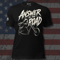 Answer to the Road woman rider on a stretched chopper design front print black tee from Infidel Collective