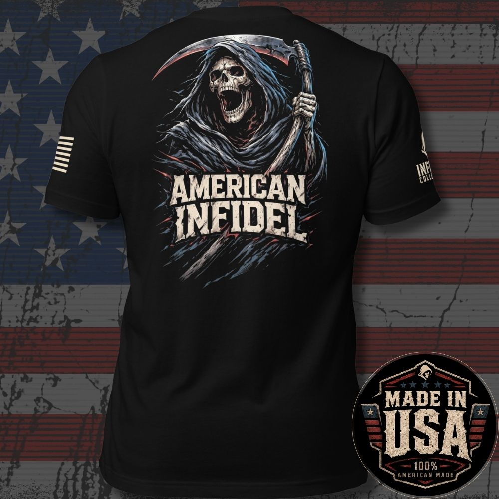 Black short-sleeve graphic T-shirt shown from the back, featuring a large grim reaper illustration with the text 'AMERICAN INFIDEL.' The shirt is displayed against a distressed American flag background, with a circular 'Made in USA 100% American Made' badge in the lower right corner.