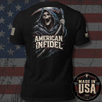 Black short-sleeve graphic T-shirt shown from the back, featuring a large grim reaper illustration with the text 'AMERICAN INFIDEL.' The shirt is displayed against a distressed American flag background, with a circular 'Made in USA 100% American Made' badge in the lower right corner.