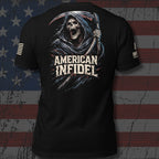 Black short-sleeve graphic T-shirt shown from the back, featuring a grim reaper illustration with the words “AMERICAN INFIDEL” in large distressed white lettering. The shirt is photographed against a distressed American flag background.