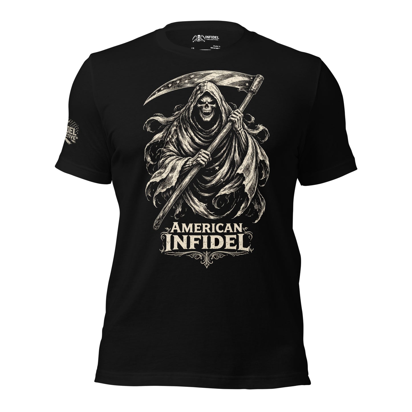 Black t-shirt with a graphic design of a skeleton holding a scythe and 'American Infidel' text on a white background.