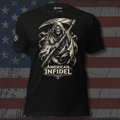Black t-shirt with a graphic design of the Grim Reaper and 'American Infidel' text on an American flag background.