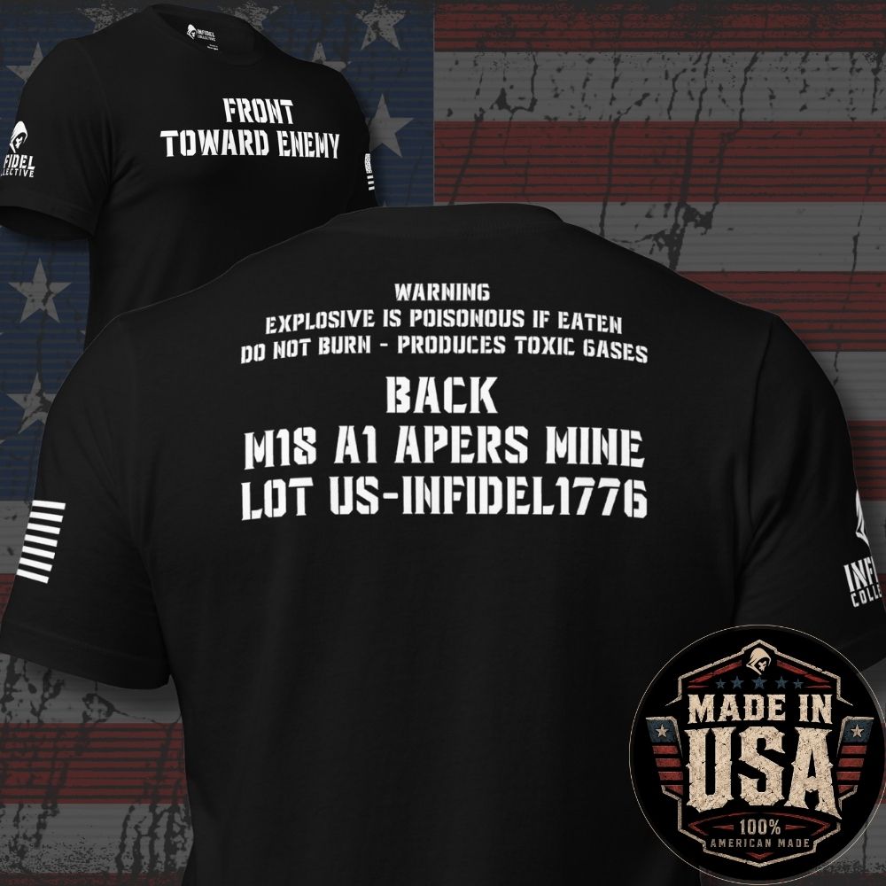 Black USA Made Front Toward Enemy Claymore double-sided tee showing the front command and warning back graphic.